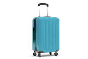 Close-up of a blue rolling suitcase with an extended handle